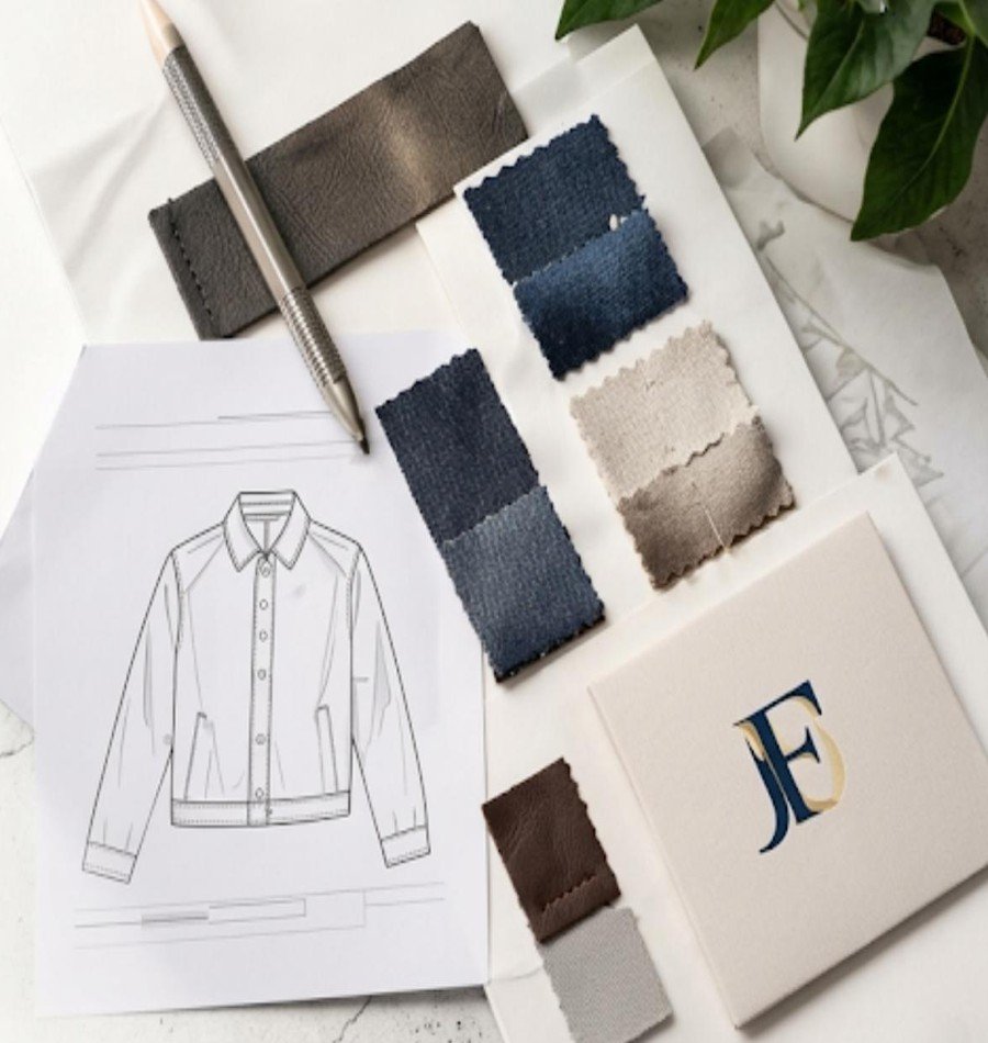 Apparel development desk with fabric swatches
