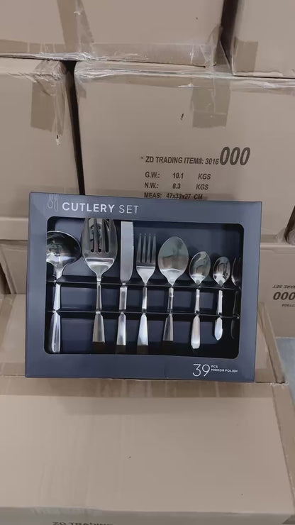 39-Piece Stainless Steel Cutlery Gift Set - Knives, Forks, Spoons, Serving Utensils - Wholesale Kitchenware